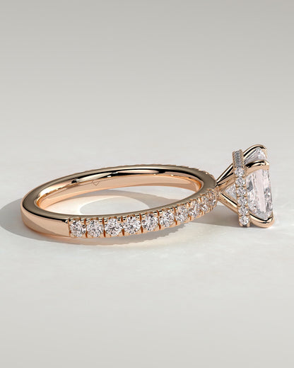 Brooklyn - Princess Claw Solitaire with Wrap Around Hidden Halo and Pave Band Engagement Ring - Rose Gold