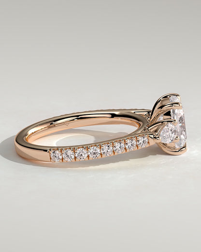 Bree - Elongated Cushion Claw Trilogy with Pear Side Stones and Pave Band Engagement Ring - Rose Gold