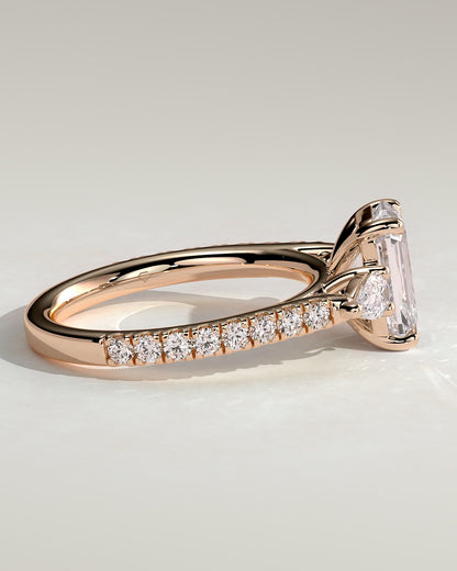 Autumn - Emerald Claw Trilogy with Pear Side Stones and Pave Band Engagement Ring - Rose Gold