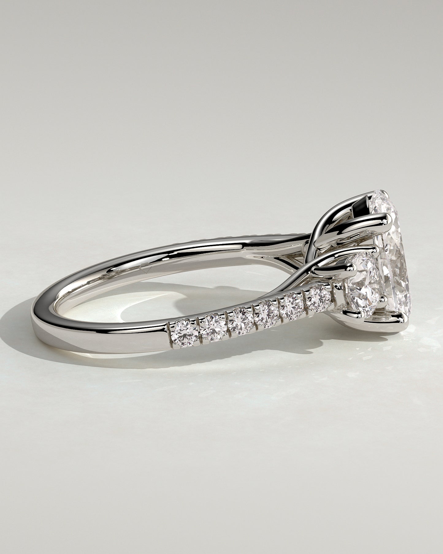 Aviana - Oval Claw Trilogy with Round Side Stones, Pave Band and Trellis Gallery  Engagement Ring - Platinum - White Gold / Platinum 2ct