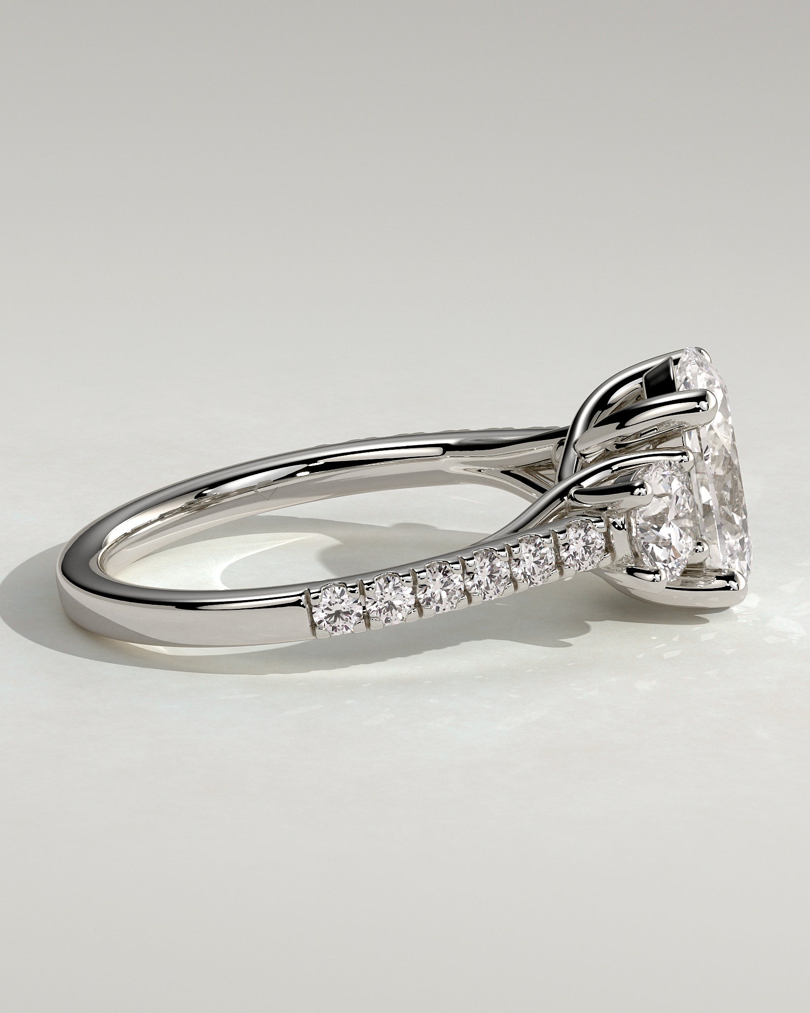 Aviana - Oval Claw Trilogy with Round Side Stones, Pave Band and Trellis Gallery  Engagement Ring - Platinum - White Gold / Platinum 2ct
