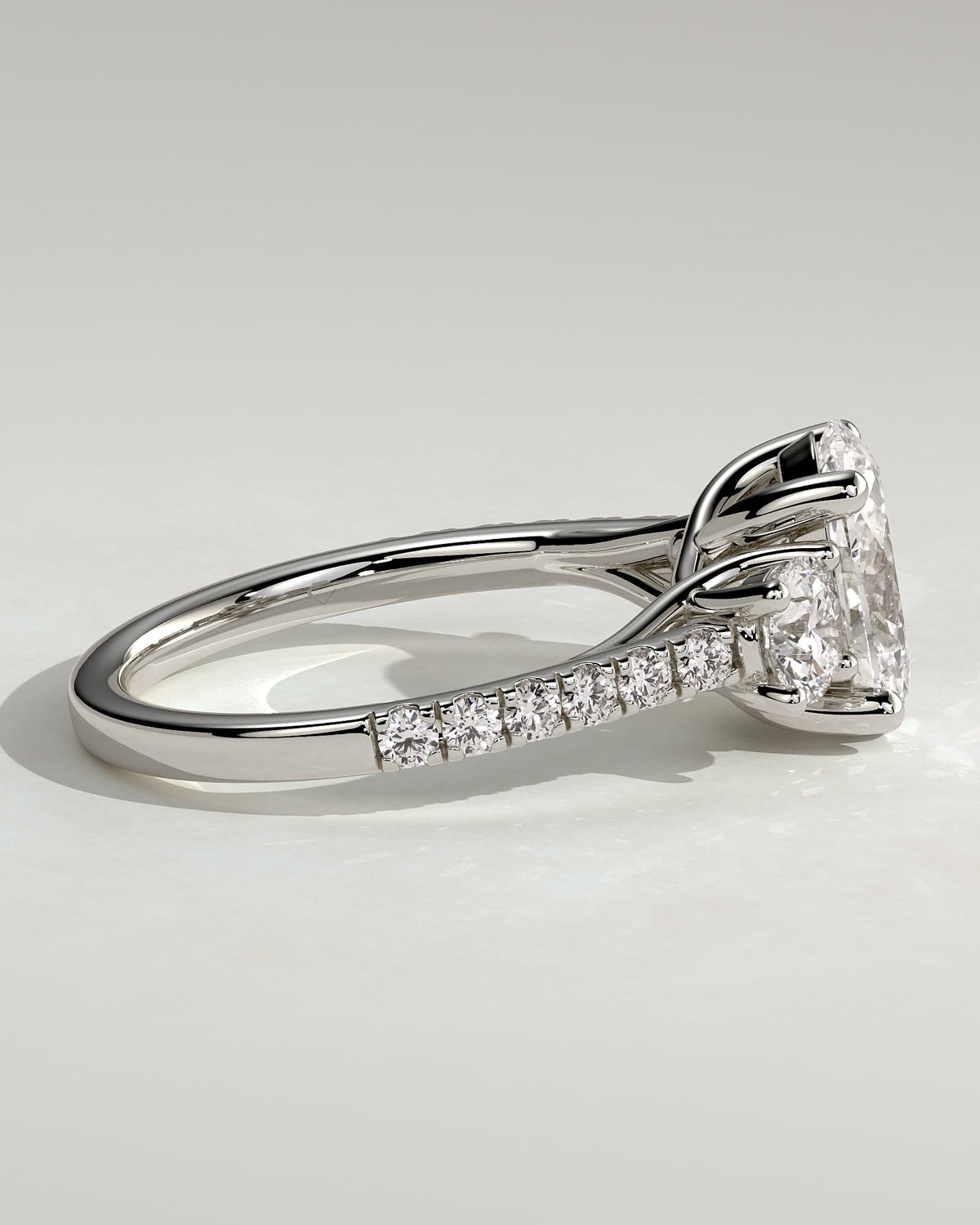 Aviana - Oval Claw Trilogy with Round Side Stones, Pave Band and Trellis Gallery  Engagement Ring - White Gold