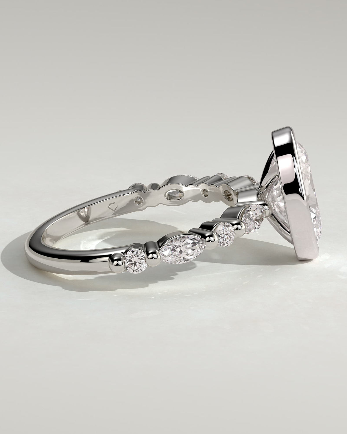 Aylin - Oval Bezel Solitaire with Marquise-Round Accent Stones Engagement Ring - White Gold
