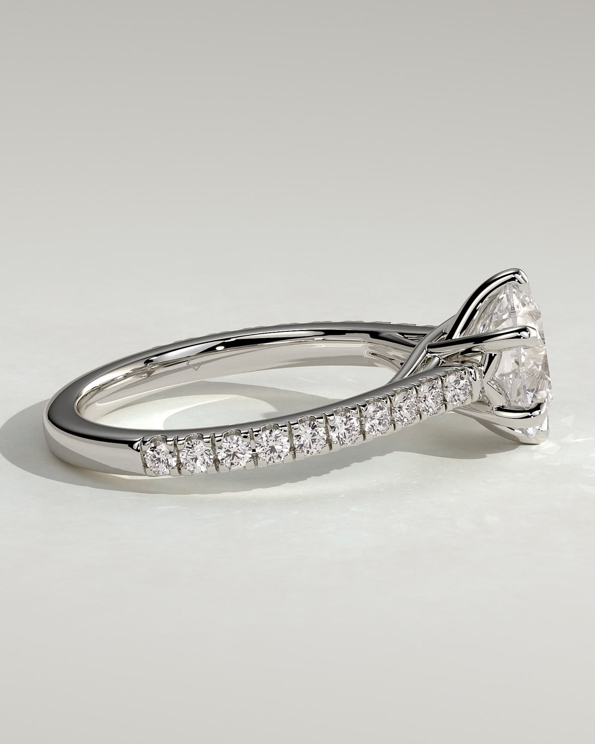 Briar - Round Claw Solitaire with Trellis Gallery, Pave Band and Cathedral Low Setting Engagement Ring - White Gold