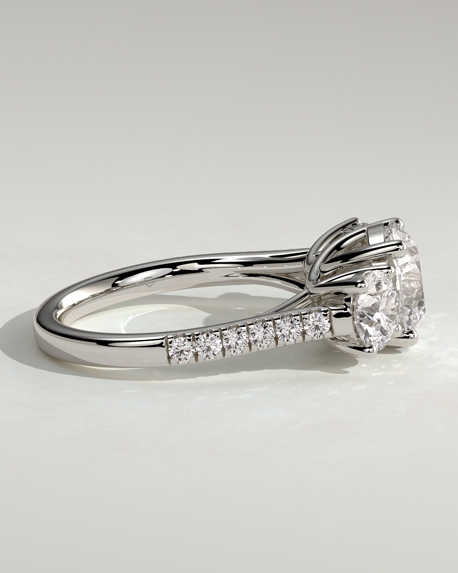 Ella - Round Claw Trilogy with Round Side Stones, Pave Band and Trellis Gallery  Engagement Ring - Platinum - White Gold / Platinum 2ct
