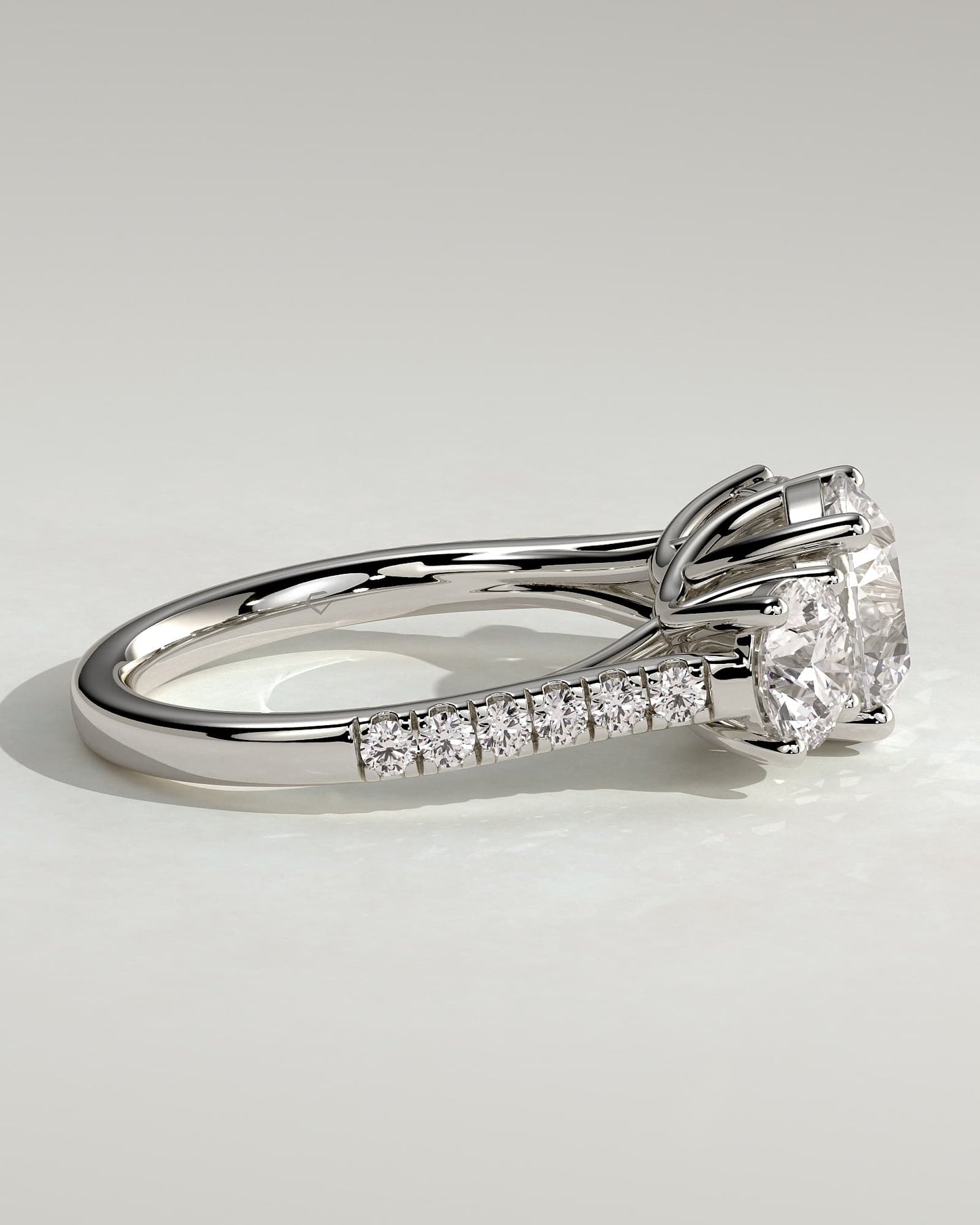 Ella - Round Claw Trilogy with Round Side Stones, Pave Band and Trellis Gallery  Engagement Ring - White Gold
