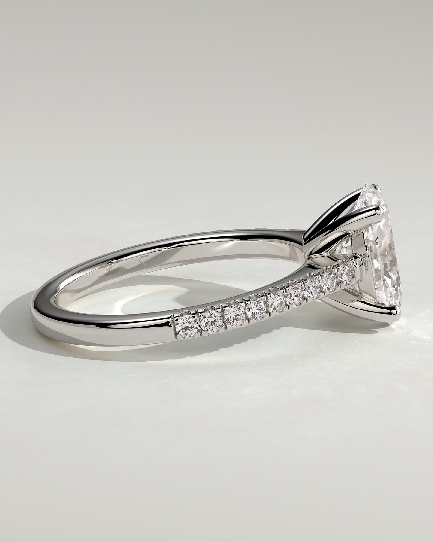 Eloise - Oval Claw Solitaire with Pave Band and Solid Cathedral Low Setting Engagement Ring - White Gold