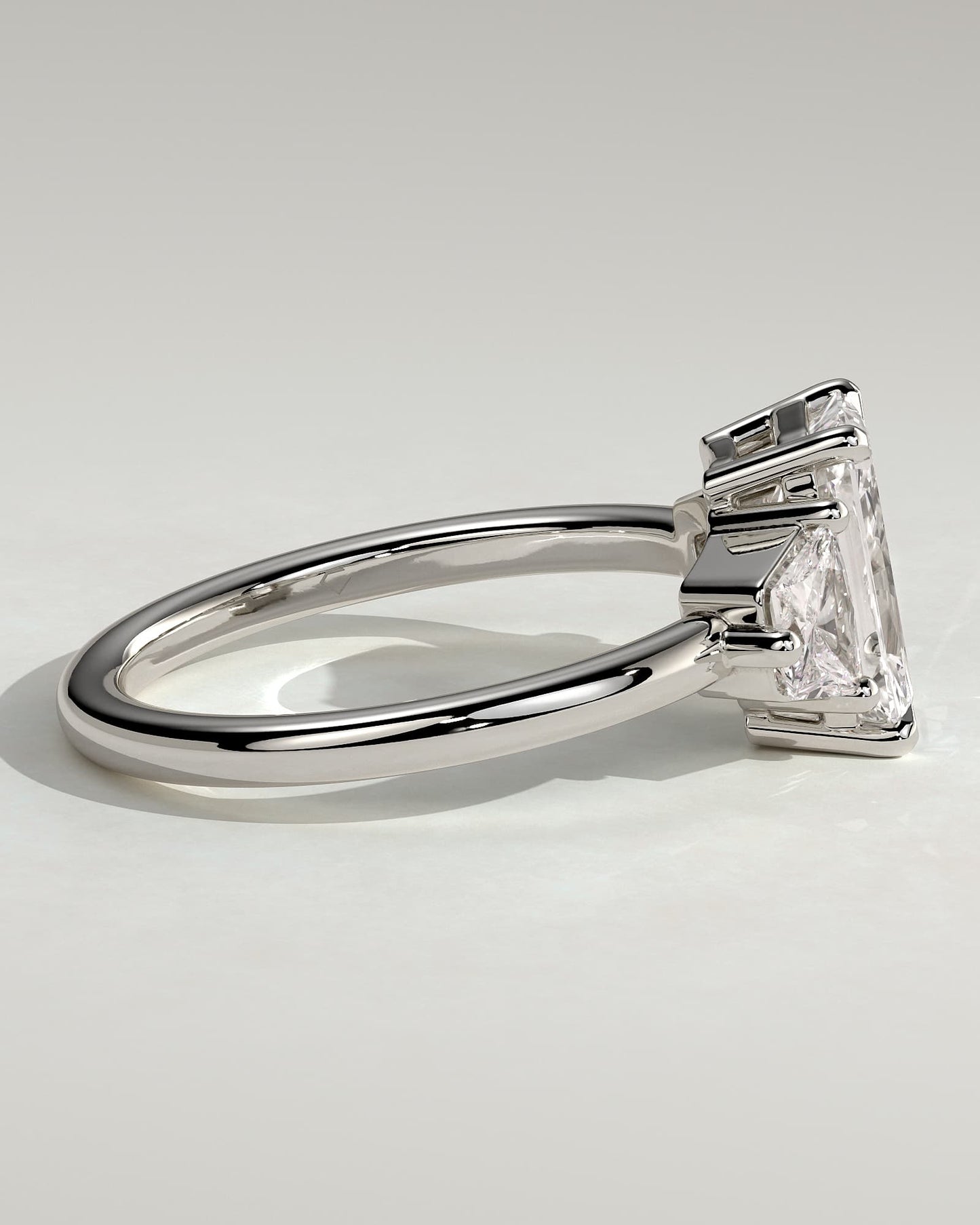 Juliette - Radiant Claw Trilogy with Trapezoid Side Stones and Low Setting Engagement Ring - White Gold