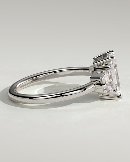 Juliette - Radiant Claw Trilogy with Trapezoid Side Stones and Low Setting Engagement Ring - White Gold