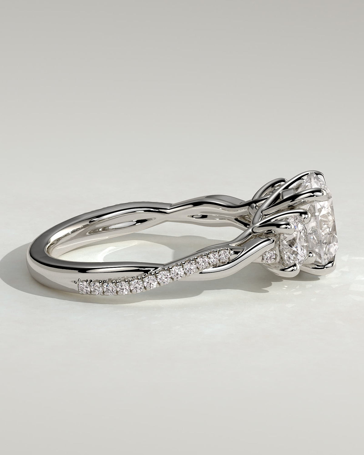Jaylene - Round Claw Trilogy with Round Side Stones, Twisted Pave Band and Trellis Gallery Engagement Ring - White Gold
