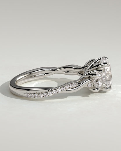 Jaylene - Round Claw Trilogy with Round Side Stones, Twisted Pave Band and Trellis Gallery Engagement Ring - White Gold