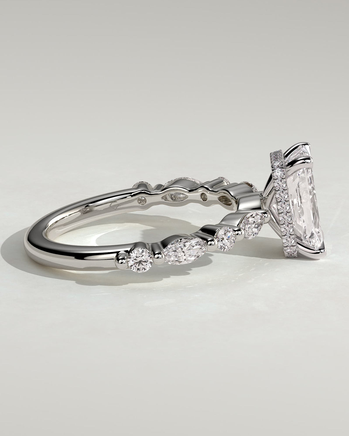 Kyla - Radiant Claw Solitaire with Marquise-Round Accent Stones and Wrap Around Hidden Halo Engagement Ring - Platinum
