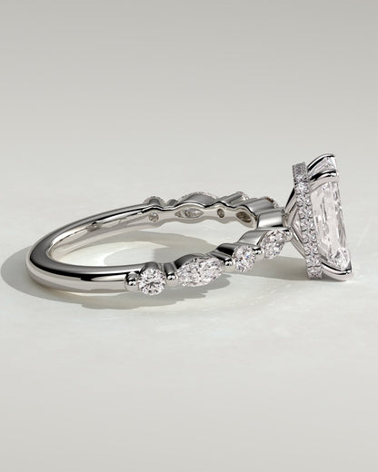 Kyla - Radiant Claw Solitaire with Marquise-Round Accent Stones and Wrap Around Hidden Halo Engagement Ring - Platinum