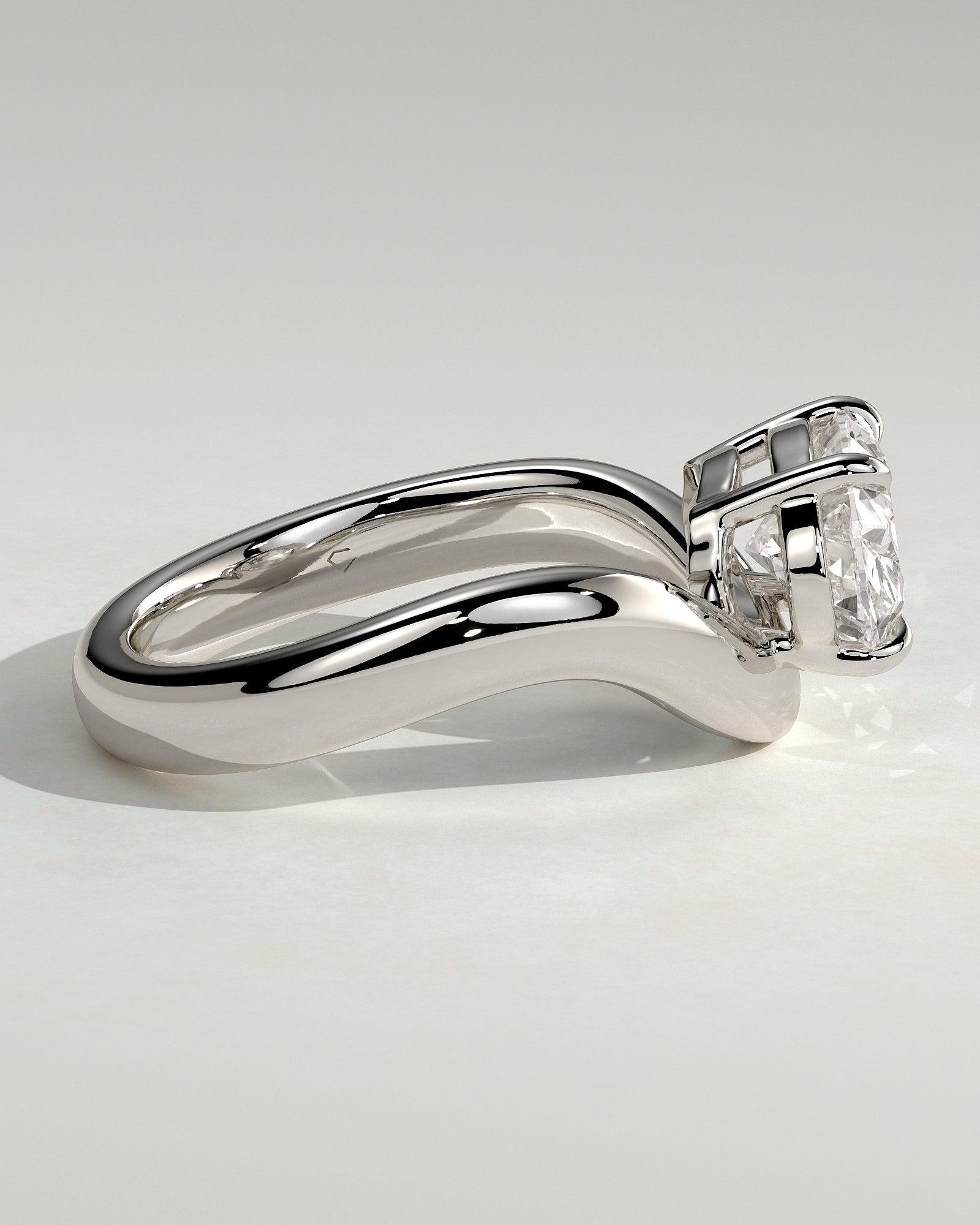Hayley - Oval East West Claw Solitaire with Wave Band Engagement Ring - Platinum - White Gold / Platinum 2ct