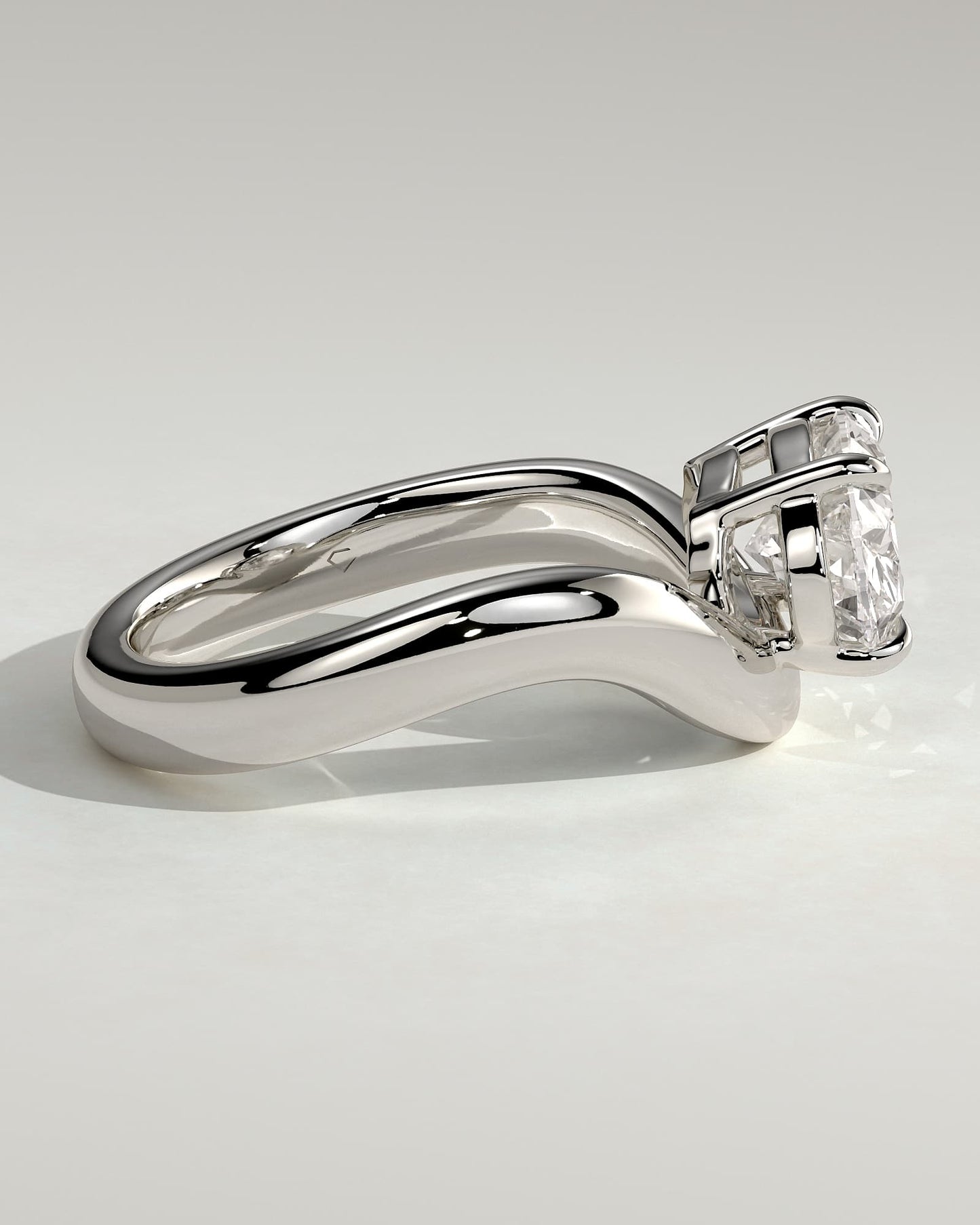 Hayley - Oval East West Claw Solitaire with Wave Band Engagement Ring - White Gold