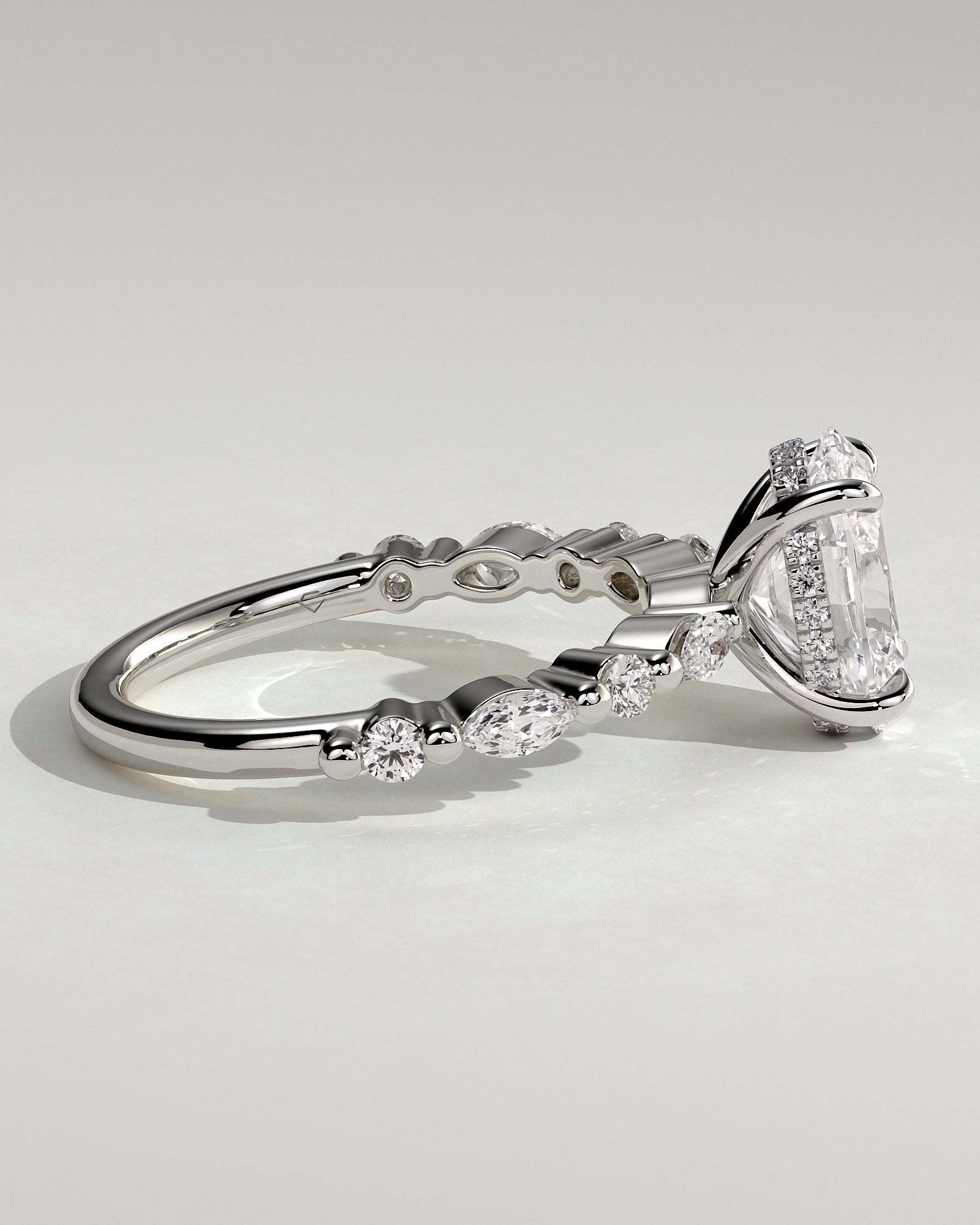 Brandi - Oval Claw Solitaire with Marquise-Round Accent Stones and Hidden Halo Engagement Ring - Platinum - White Gold / Platinum 2ct