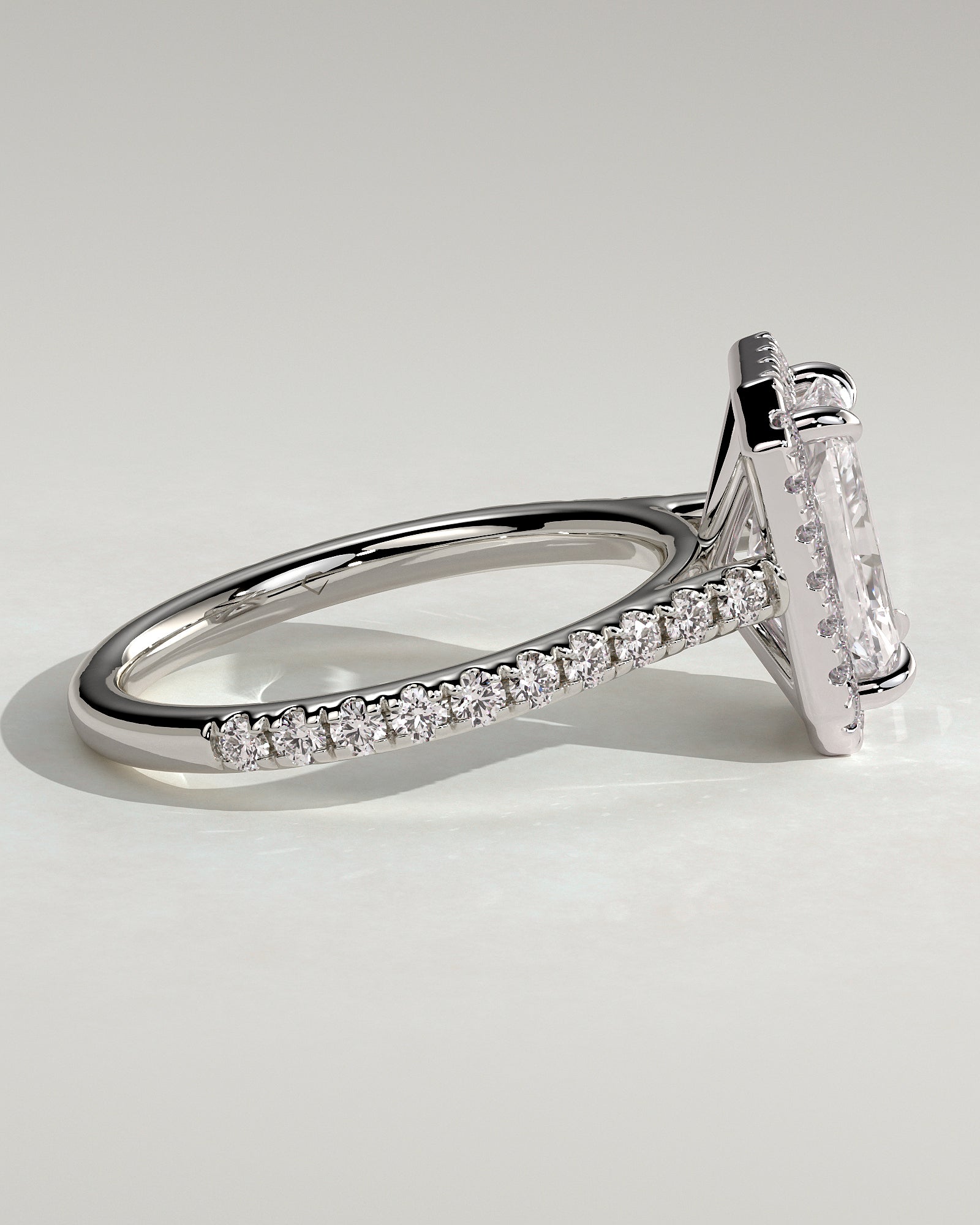 Clementine - Radiant Claw Solitaire with Halo and Pave Band and Cathedral High Setting Engagement Ring - Platinum - White Gold / Platinum 2ct