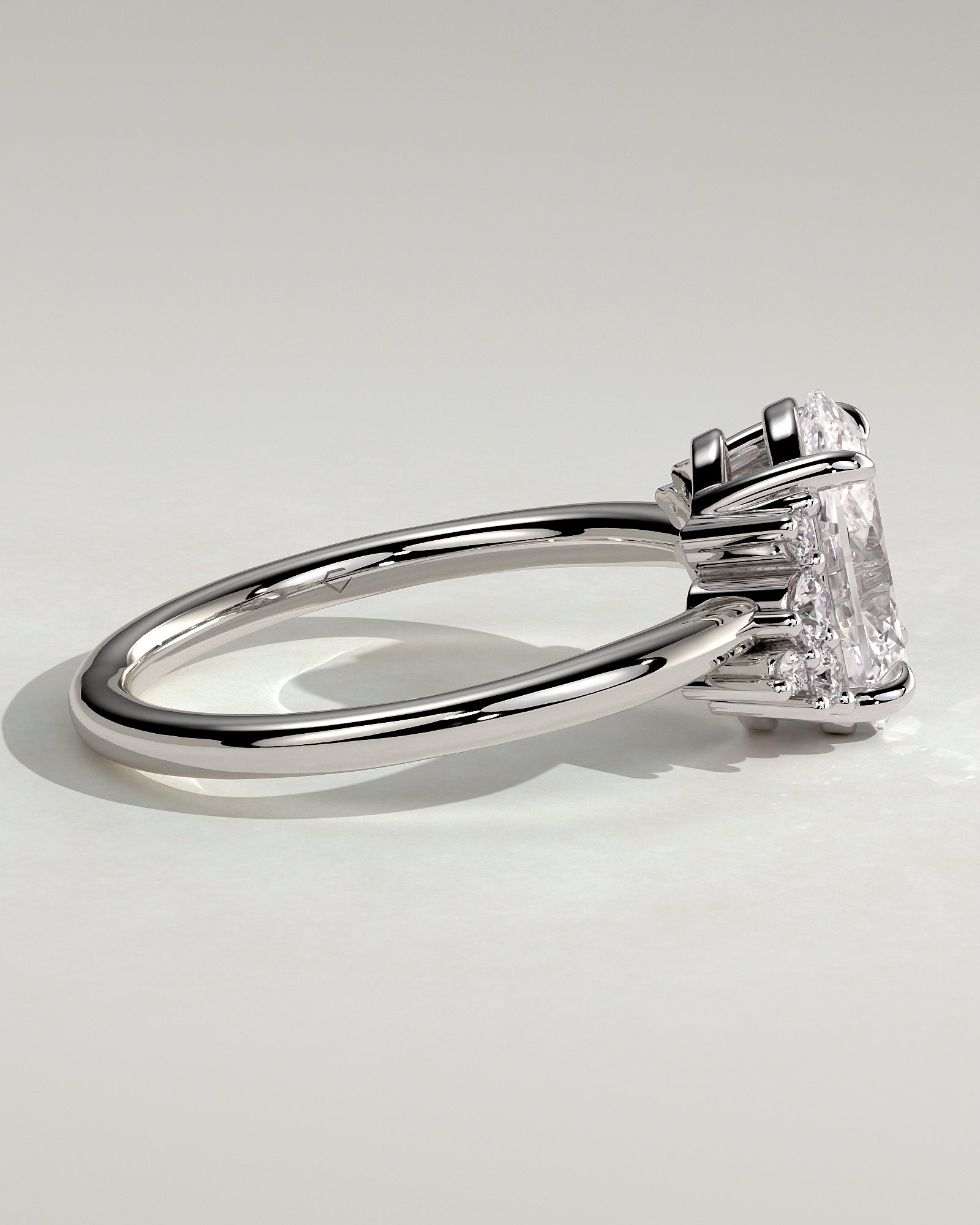 Esther - Oval Claw Solitaire with Clustered Round Opposing Shoulder Stones Engagement Ring - Platinum - White Gold / Platinum 2ct