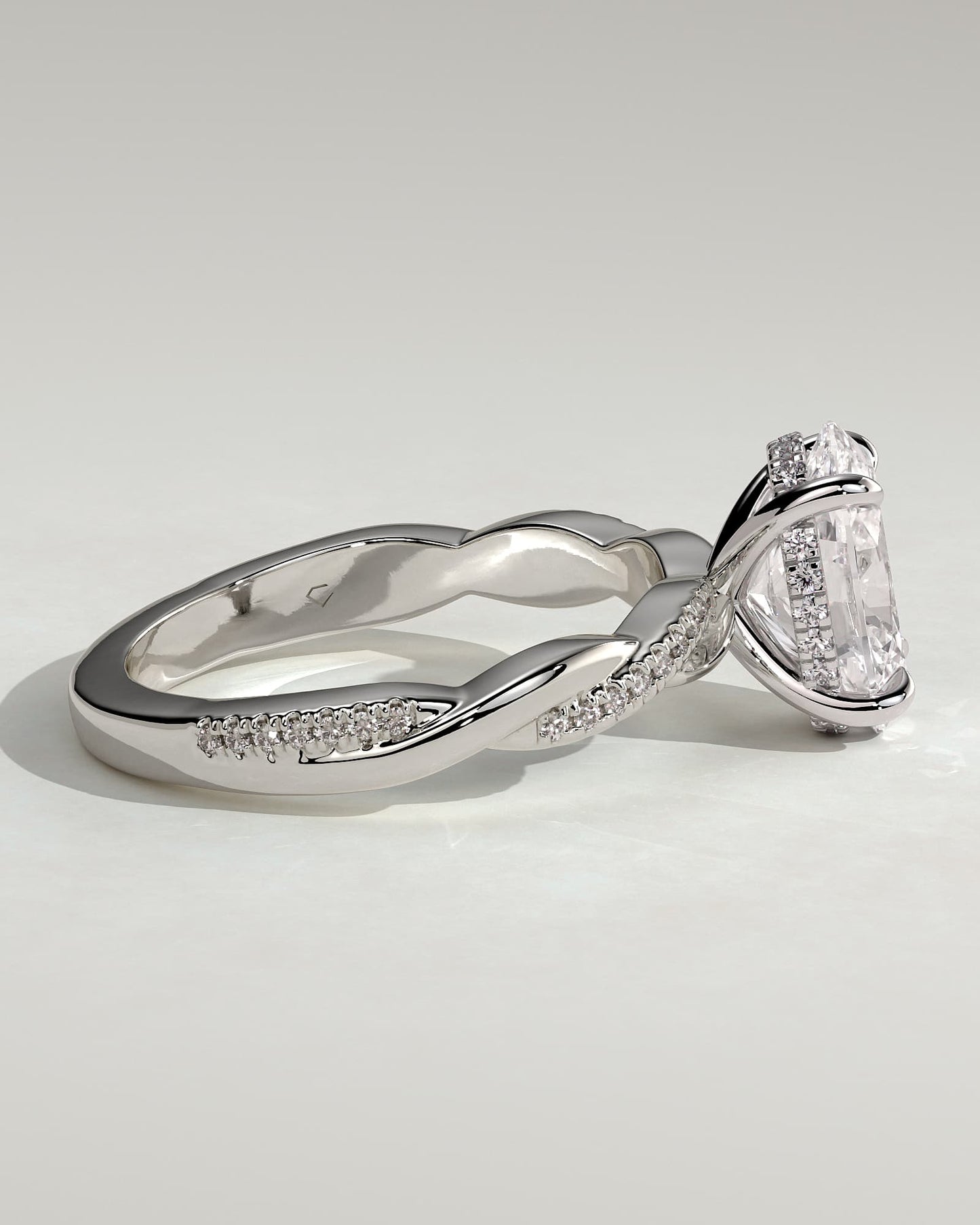 Lara - Oval Claw Solitaire with Hidden Halo and Twisted Alternating Pave Band Engagement Ring - Platinum
