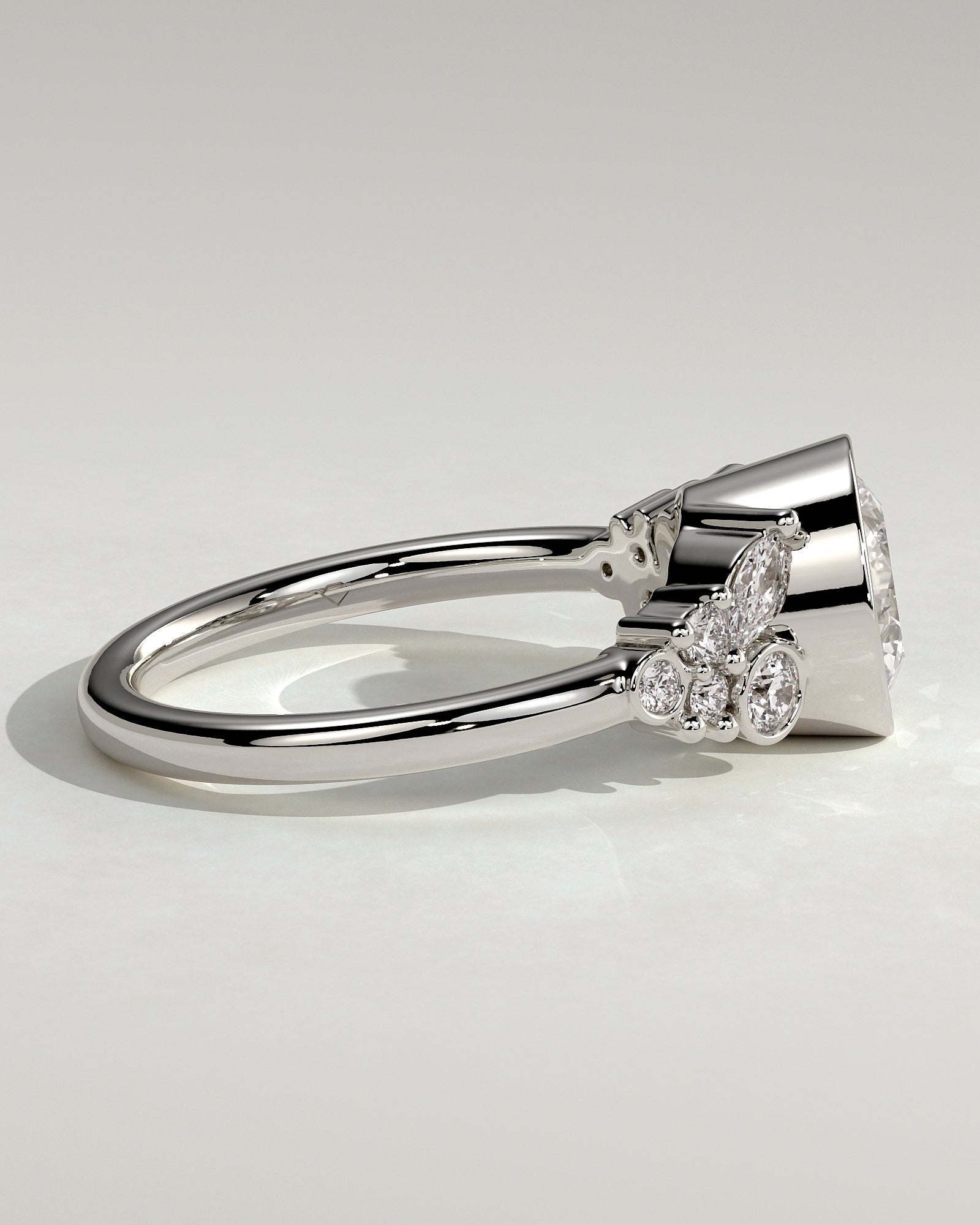 Alessia - Round Bezel Solitaire with Clustered Round-Marquise Mixed Set Shoulder Stones Engagement Ring - Platinum - White Gold / Platinum 2ct