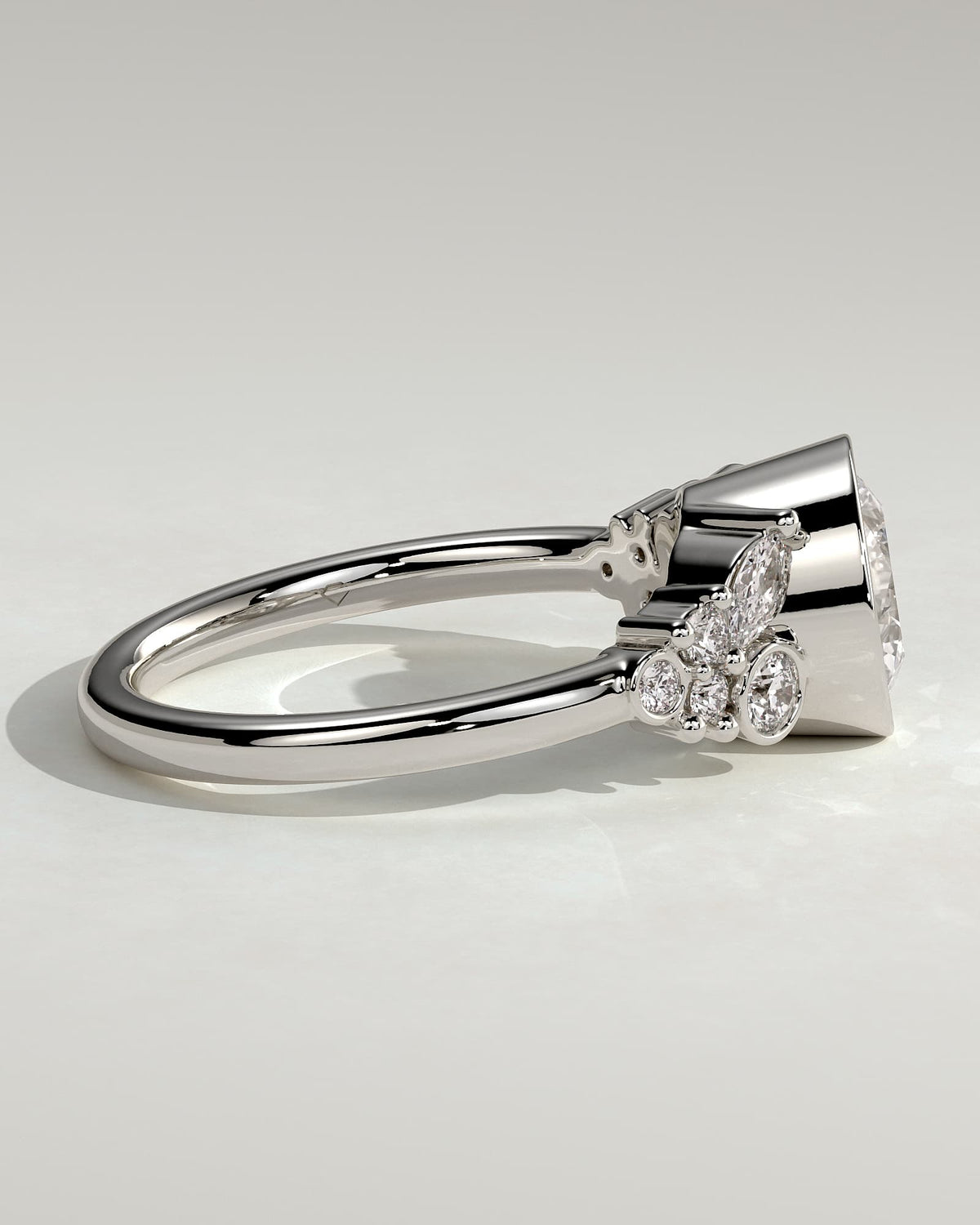 Alessia - Round Bezel Solitaire with Clustered Round-Marquise Mixed Set Shoulder Stones Engagement Ring - White Gold - white gold - Lara Jewels