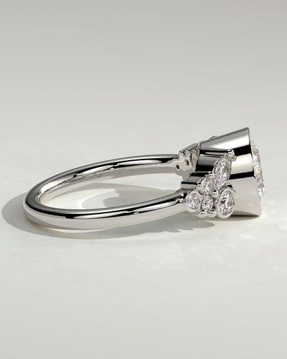 Alessia - Round Bezel Solitaire with Clustered Round-Marquise Mixed Set Shoulder Stones Engagement Ring - White Gold - white gold - Lara Jewels
