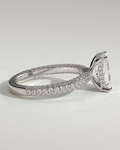 Irene - Radiant Claw Solitaire with Hidden Halo and Triple Pave Band Engagement Ring - Platinum