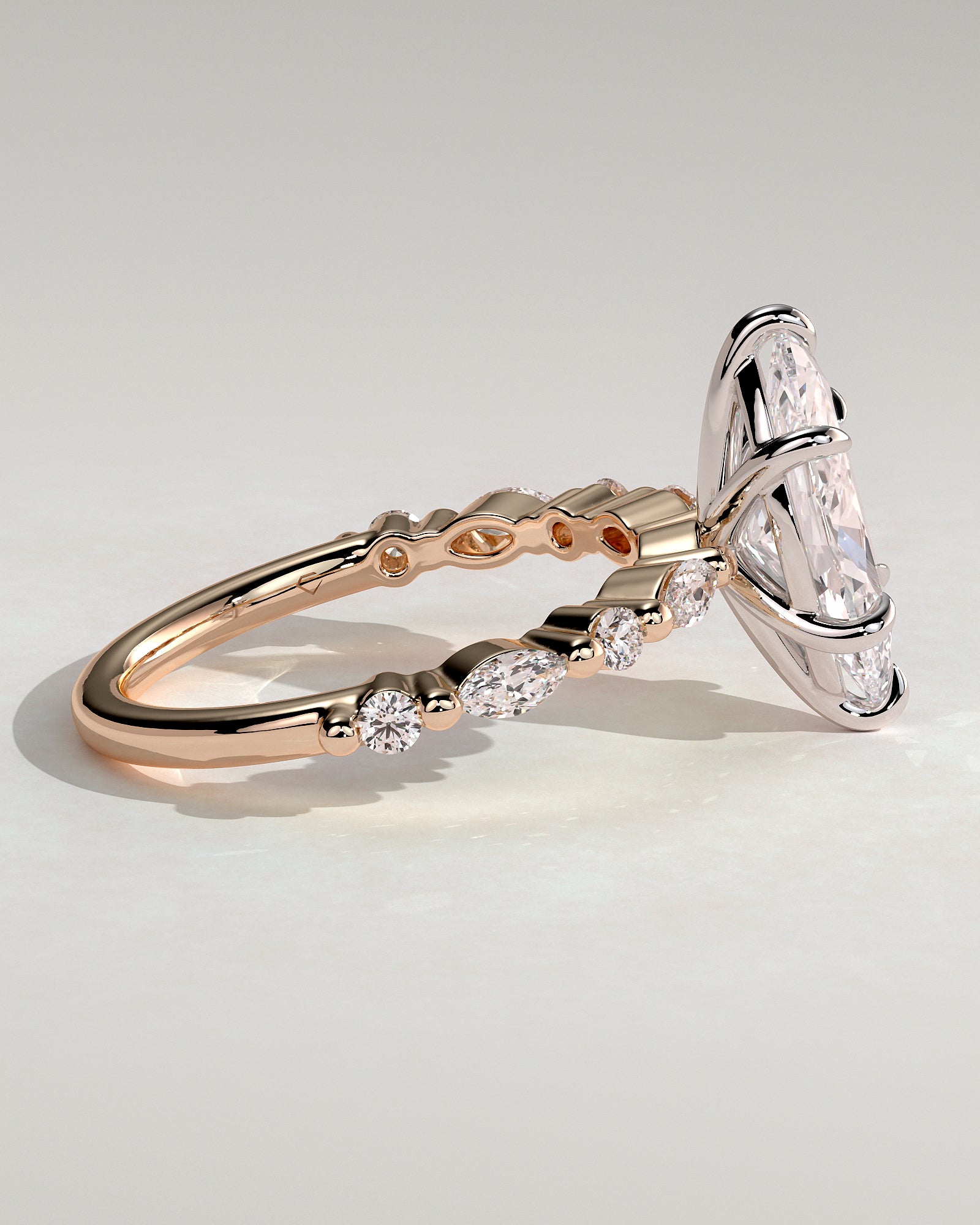 Beatrice - Marquise Claw Solitaire with Marquise and Round Accent Stones Engagement Ring - Rose Two-Tone - Rose Two-Tone 2ct