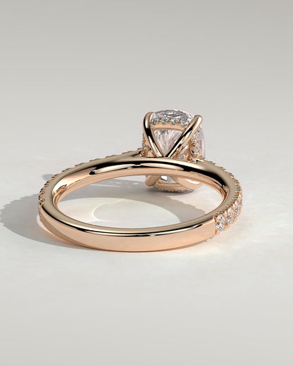 Annika - Elongated Cushion Claw Solitaire with Hidden Halo, Pave Band and Cathedral High Setting Engagement Ring - Rose Gold