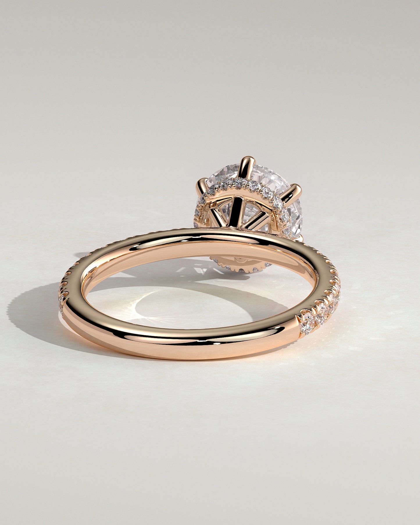 Amanda - Round Claw Solitaire with Wrap Around Hidden Halo and Pave Band Engagement Ring - Rose Gold - Rose Gold 2ct