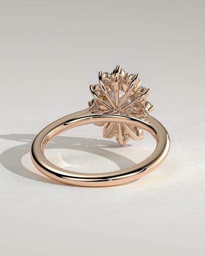 Arielle - Oval Claw Solitaire with Sunburst Halo and Cathedral High Setting Engagement Ring - Rose Gold