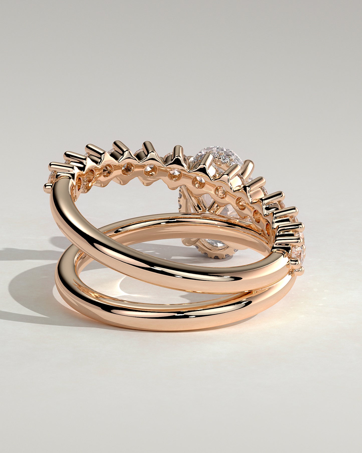 Athena - Oval Claw Solitaire with Double Plain-and-Round-Accent Stones Band Engagement Ring - Rose Gold - Rose Gold 2ct