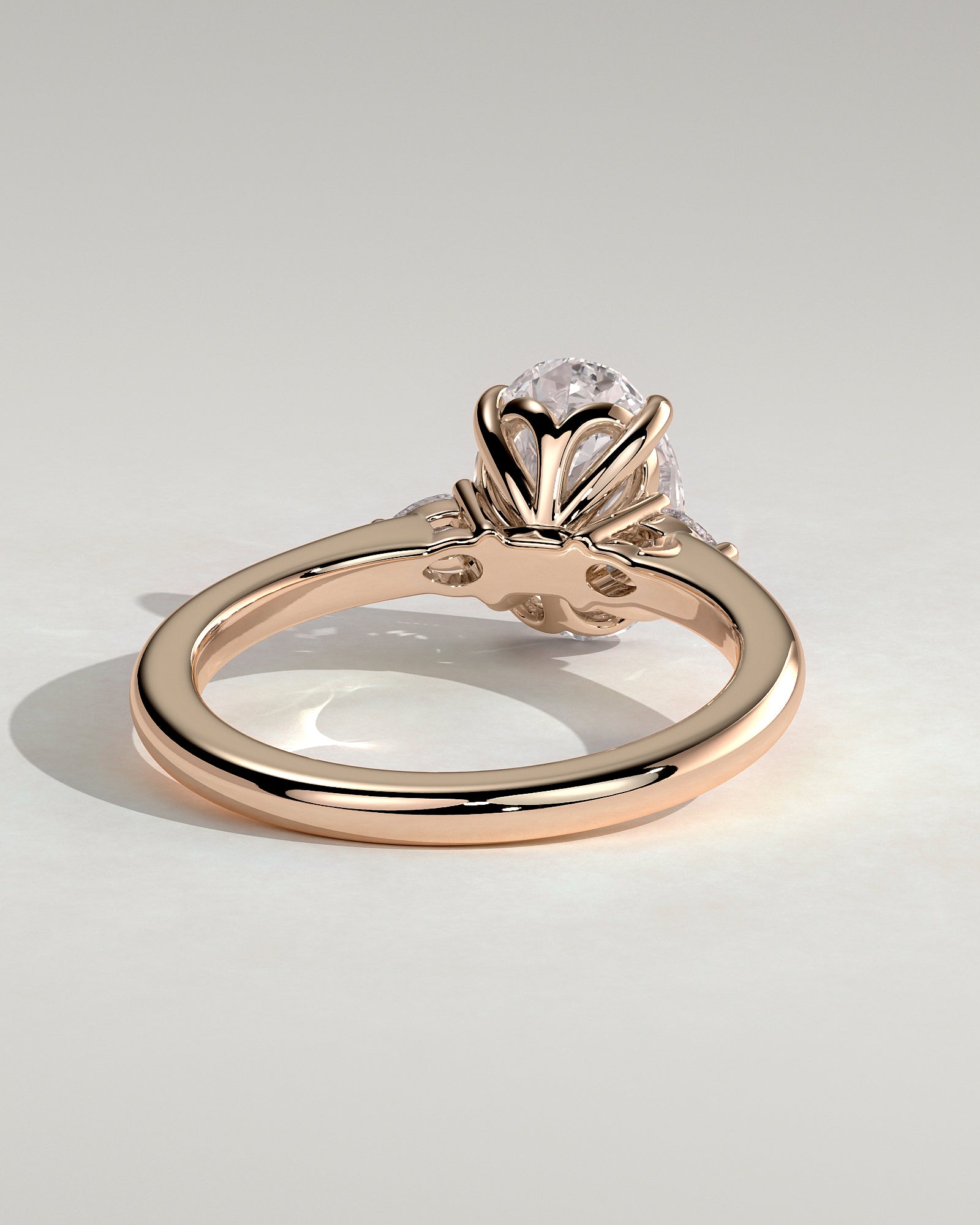 Elena - Oval Claw Trilogy with Pear Side Stones and Tulip Detail Engagement Ring - Rose Gold - Rose Gold 2ct