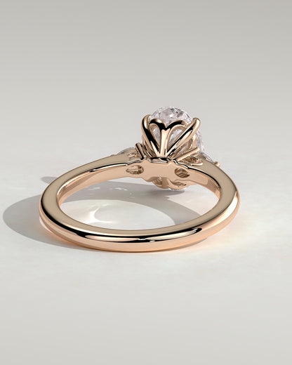 Elena - Oval Claw Trilogy with Pear Side Stones and Tulip Detail Engagement Ring - Rose Gold