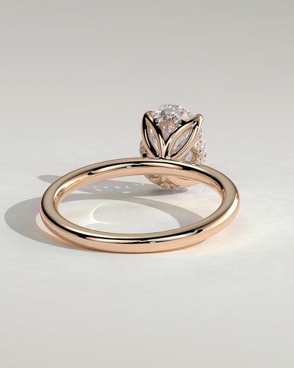 Ivy - Oval Claw Solitaire with Petal Gallery and Accented Tiara Detail Engagement Ring - Rose Gold