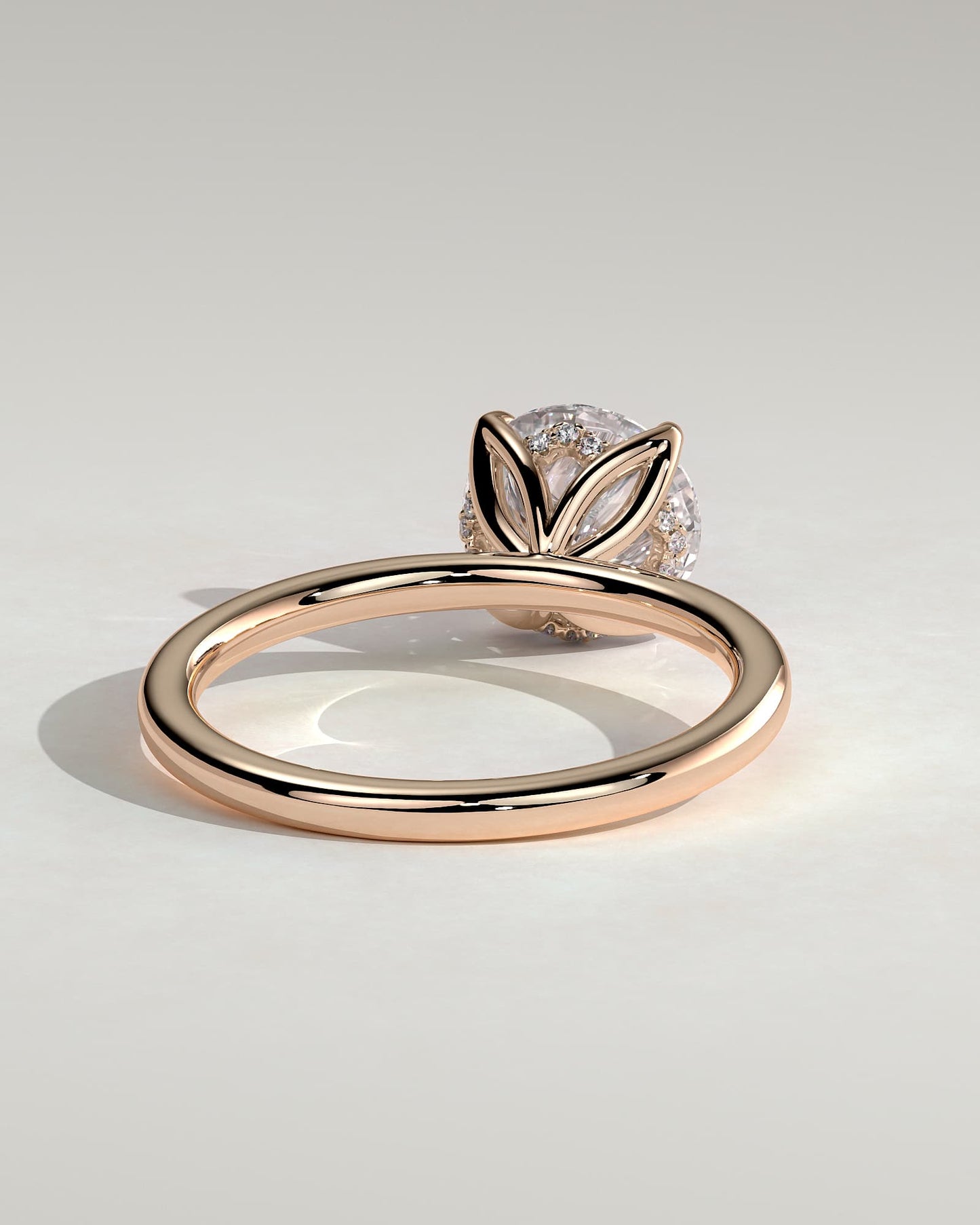 Dahlia - Round Claw Solitaire with Petal Gallery and Accented Tiara Detail Engagement Ring - Rose Gold