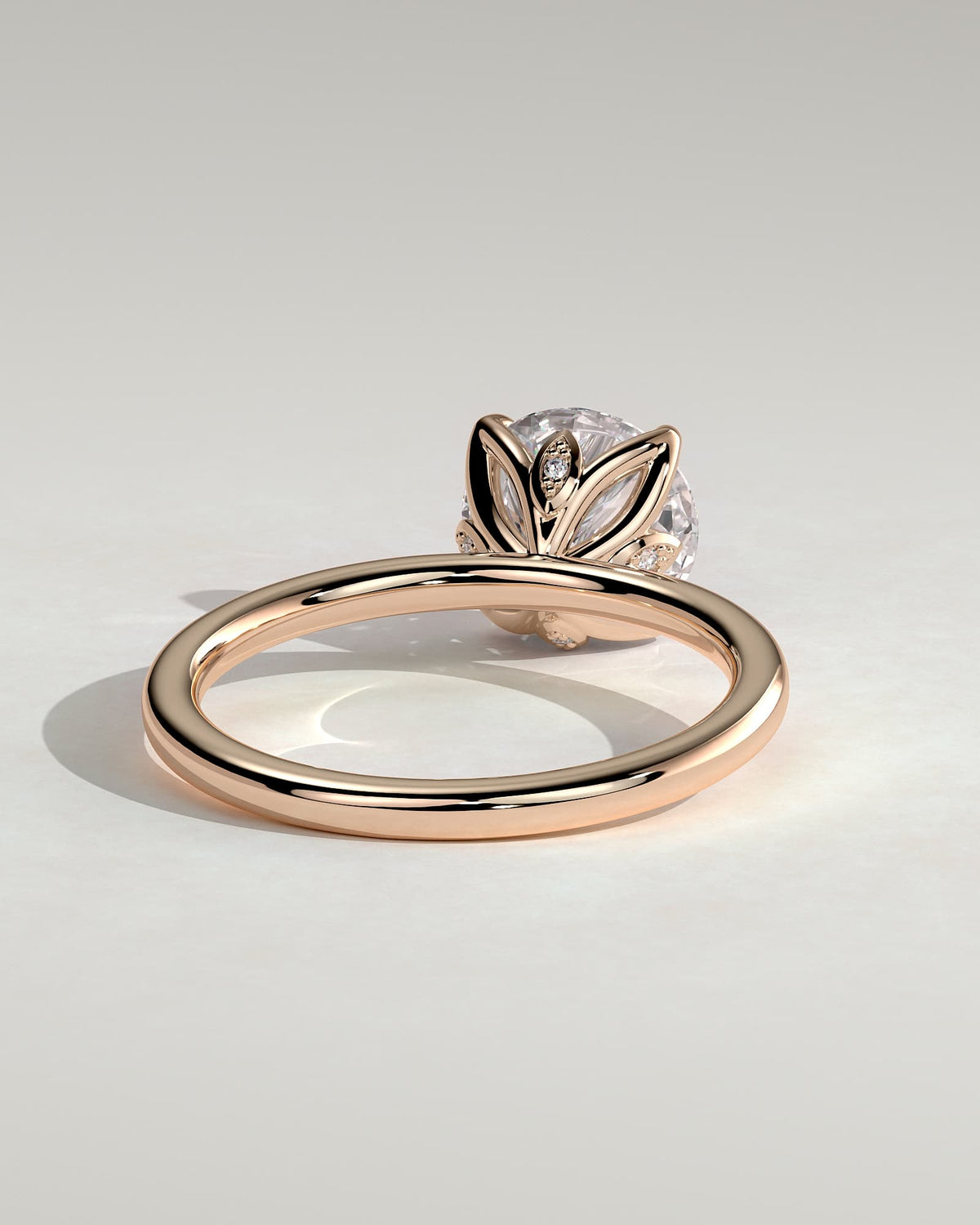 Joy - Round Claw Solitaire with Petal Gallery and Accent Leaf Detail Engagement Ring - Rose Gold