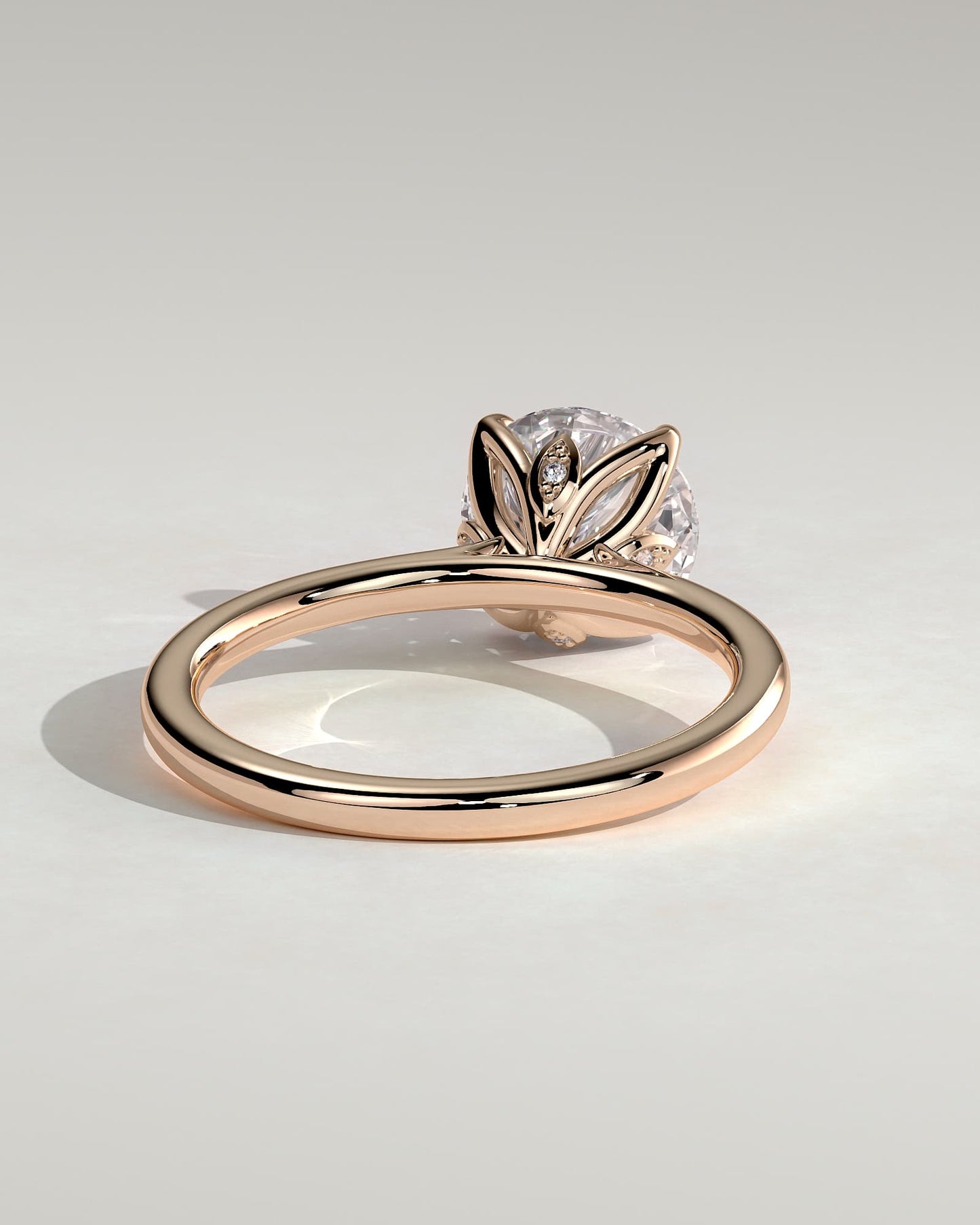 Brianna - Round Claw Solitaire with Petal Gallery, Accent Leaf Detail and Cathedral Setting Engagement Ring - Rose Gold