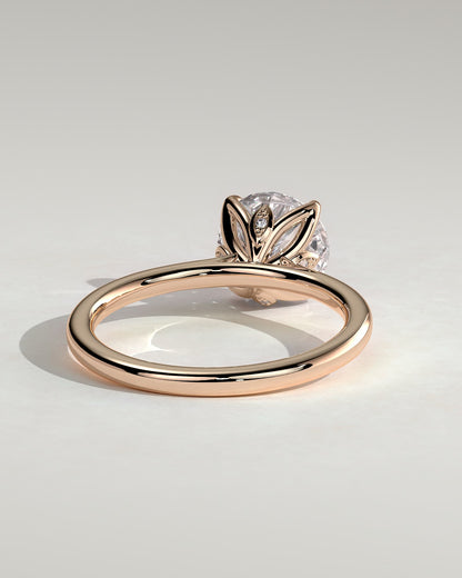 Brianna - Round Claw Solitaire with Petal Gallery, Accent Leaf Detail and Cathedral Setting Engagement Ring - Rose Gold