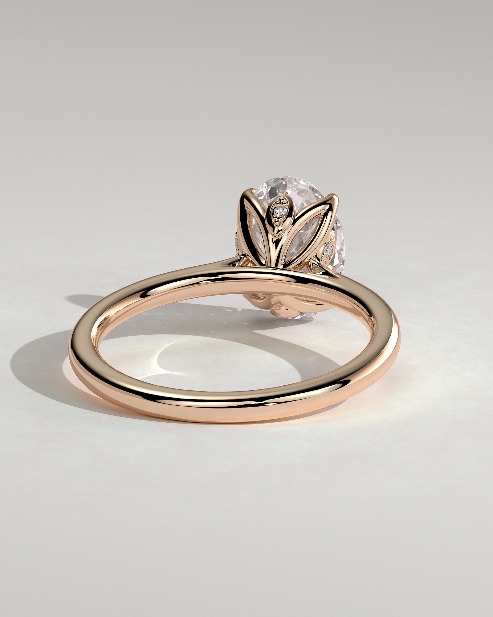 Erica - Oval Claw Solitaire with Petal Gallery, Accent Leaf Detail and Cathedral Setting Engagement Ring - Rose Gold - Rose Gold 2ct