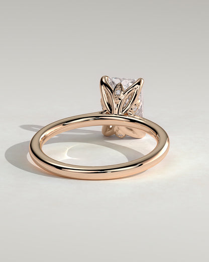 Harriet - Radiant Claw Solitaire with Petal Gallery, Accent Leaf Detail and Cathedral Setting Engagement Ring - Rose Gold
