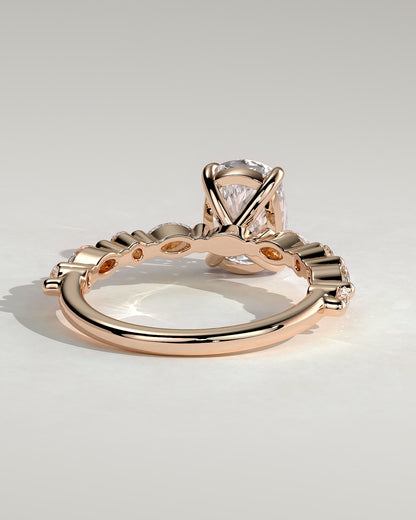 Delphine - Elongated Cushion Claw Solitaire with Marquise and Round Accent Stones Engagement Ring - Rose Gold