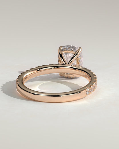 Camilla - Elongated Cushion Claw Solitaire with Hidden Halo and Pave Band Engagement Ring - Rose Gold