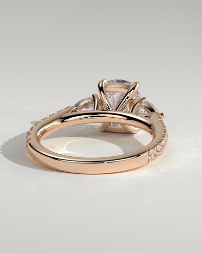 Bree - Elongated Cushion Claw Trilogy with Pear Side Stones and Pave Band Engagement Ring - Rose Gold