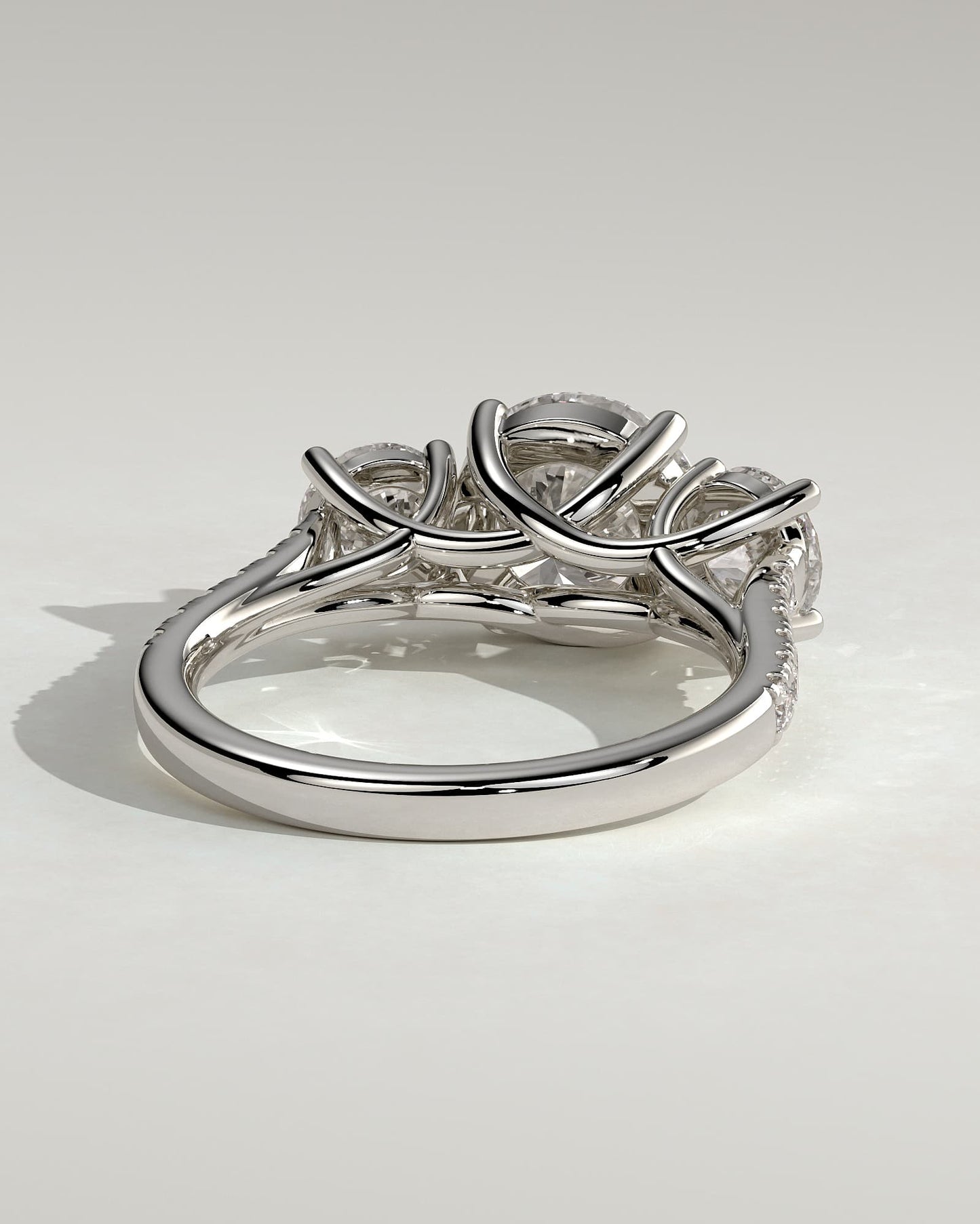 Ella - Round Claw Trilogy with Round Side Stones, Pave Band and Trellis Gallery  Engagement Ring - White Gold