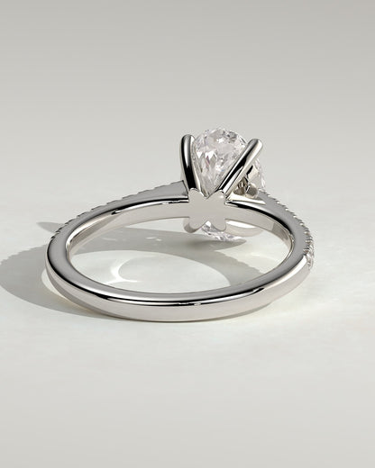 Eloise - Oval Claw Solitaire with Pave Band and Solid Cathedral Low Setting Engagement Ring - White Gold