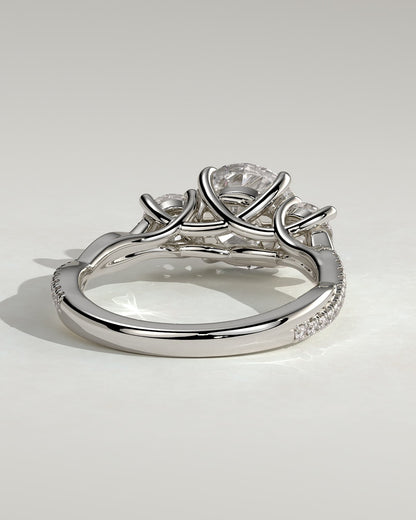 Jaylene - Round Claw Trilogy with Round Side Stones, Twisted Pave Band and Trellis Gallery Engagement Ring - Platinum