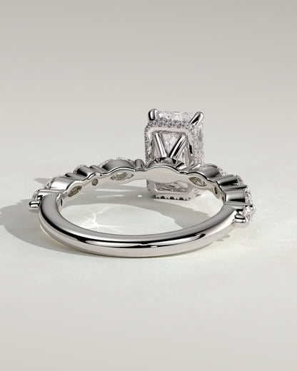 Kyla - Radiant Claw Solitaire with Marquise-Round Accent Stones and Wrap Around Hidden Halo Engagement Ring - Platinum