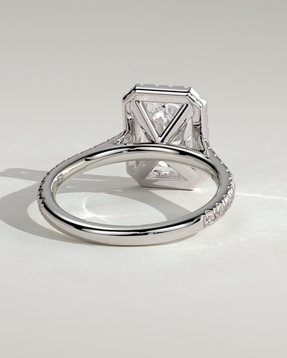 Clementine - Radiant Claw Solitaire with Halo and Pave Band and Cathedral High Setting Engagement Ring - Platinum