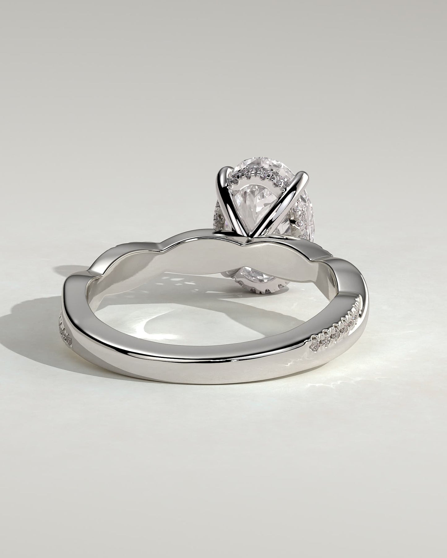 Lara - Oval Claw Solitaire with Hidden Halo and Twisted Alternating Pave Band Engagement Ring - White Gold